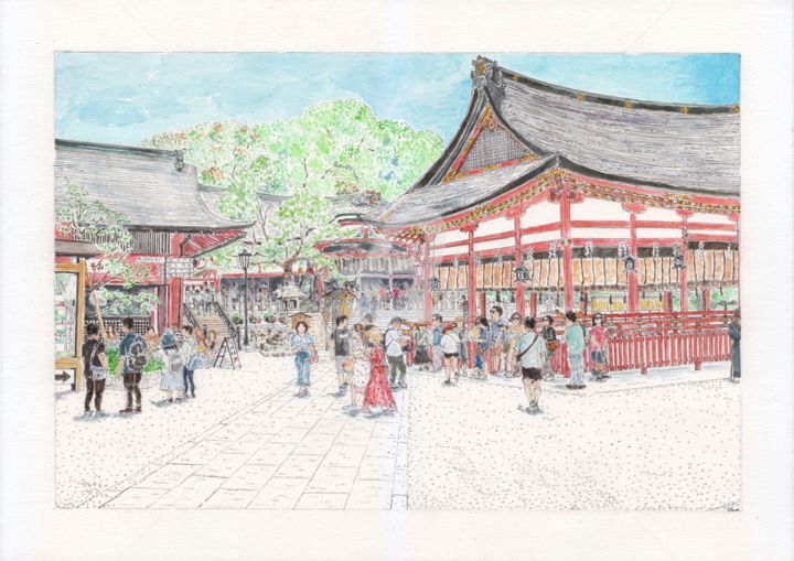 Painting titled "Kyoto red temple" by Orlando Marin Lopez, Original Artwork, Watercolor