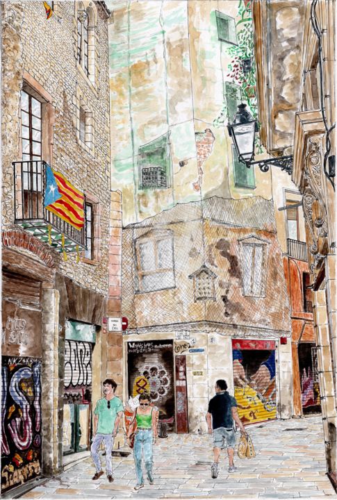 Painting titled "Carrer del Call, Ba…" by Orlando Marin Lopez, Original Artwork, Watercolor