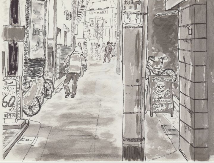 「rue montante Tokyo」というタイトルの描画 Orlando Marin Lopezによって, オリジナルのアートワーク, インク