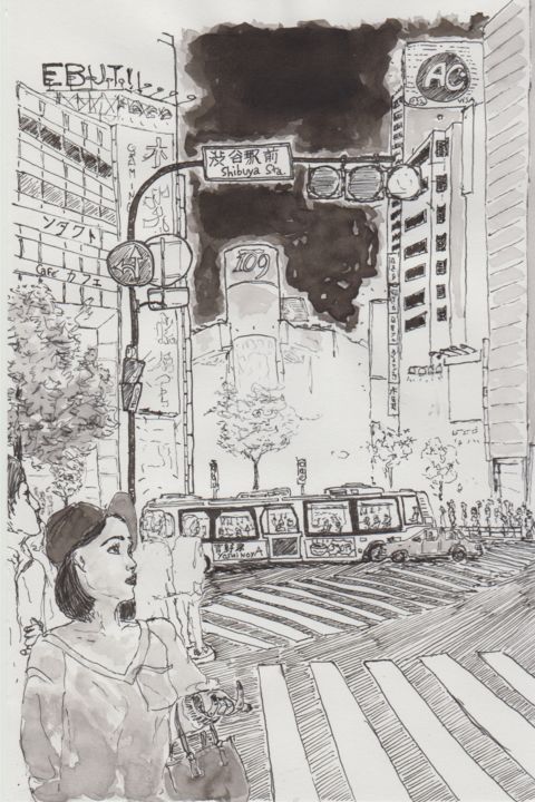Drawing titled "femme au carrefour…" by Orlando Marin Lopez, Original Artwork, Ink