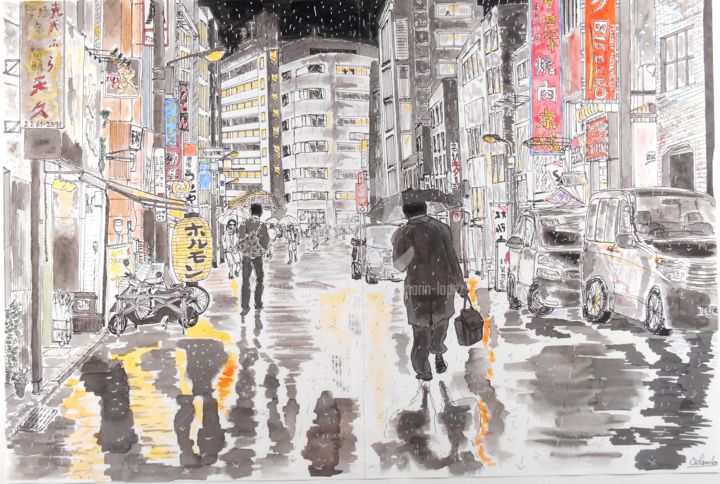 Dessin intitulée "Raining in Tokyo" par Orlando Marin Lopez, Œuvre d'art originale, Encre