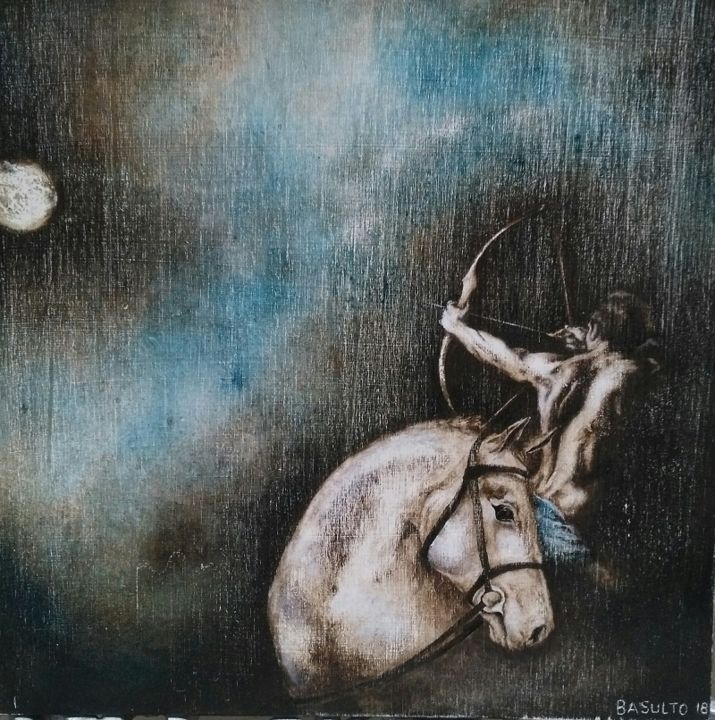 Painting titled "Le chasseur de lune" by Orlando Basulto, Original Artwork, Acrylic Mounted on Cardboard
