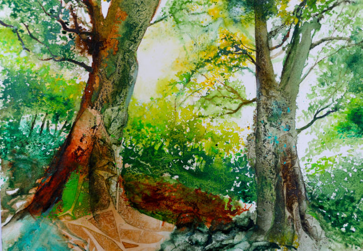 Schilderij getiteld "2 Bäume" door Orlabell, Origineel Kunstwerk, Aquarel