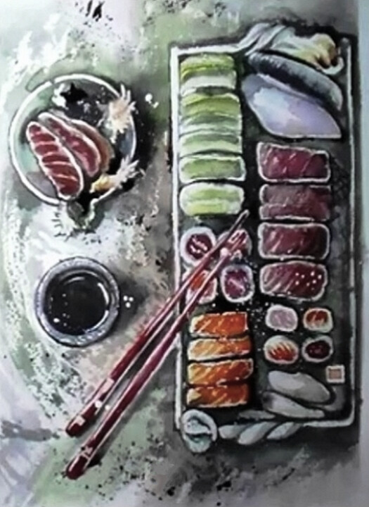 Painting titled "Sushi and rolls" by Orlicz, Original Artwork, Watercolor