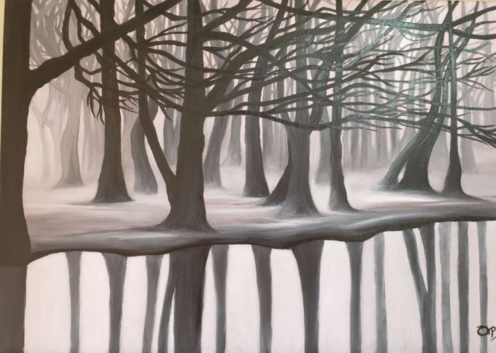 Painting titled "Mist in the trees" by Orpa Op'T Hof, Original Artwork, Oil