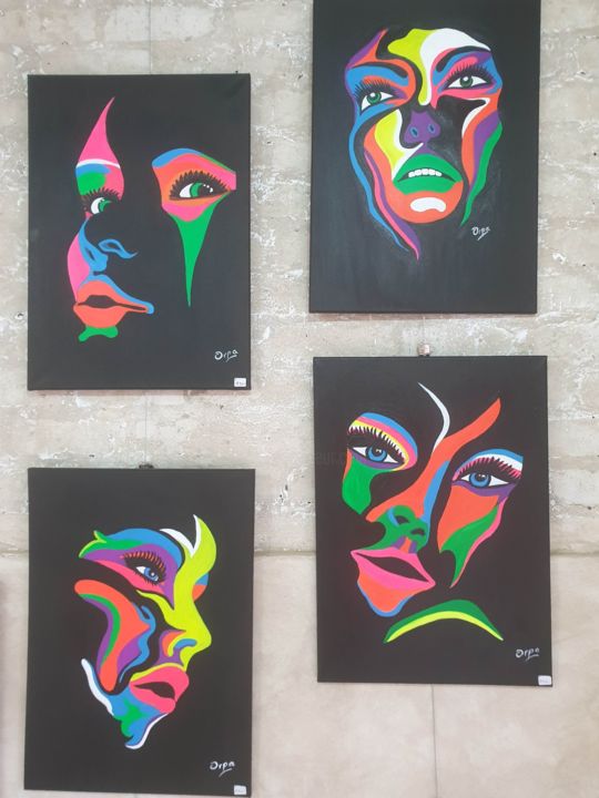 Painting titled "Neon Faces" by Orpa Op'T Hof, Original Artwork, Acrylic