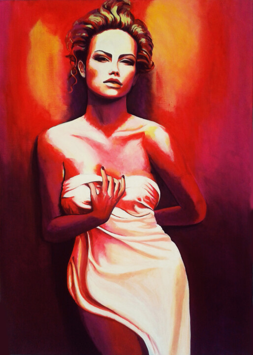 Painting titled "Woman in red light" by Orsi Patai, Original Artwork, Acrylic
