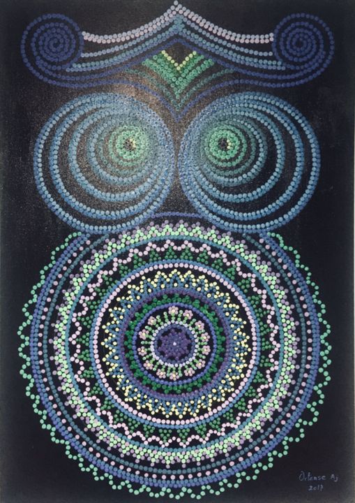 Painting titled "Mandala owl" by Ortanse Attarian, Original Artwork, Acrylic Mounted on Wood Stretcher frame