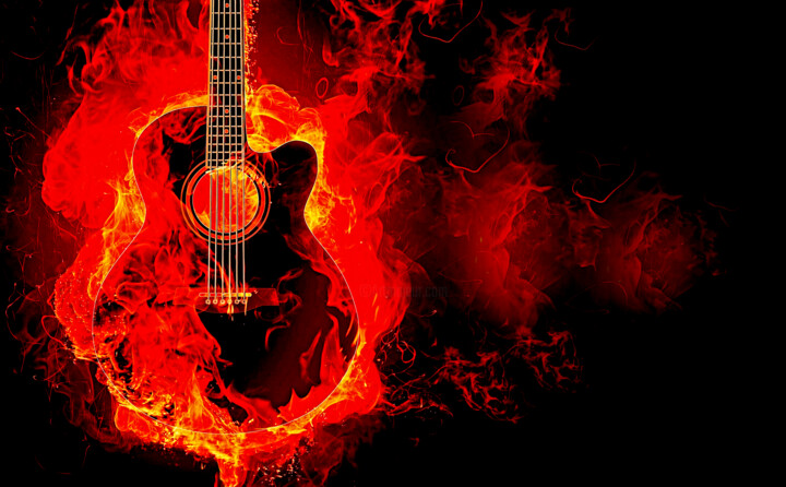 Arts numériques intitulée "burning guitar" par Melih Ortatepe, Œuvre d'art originale, Peinture numérique
