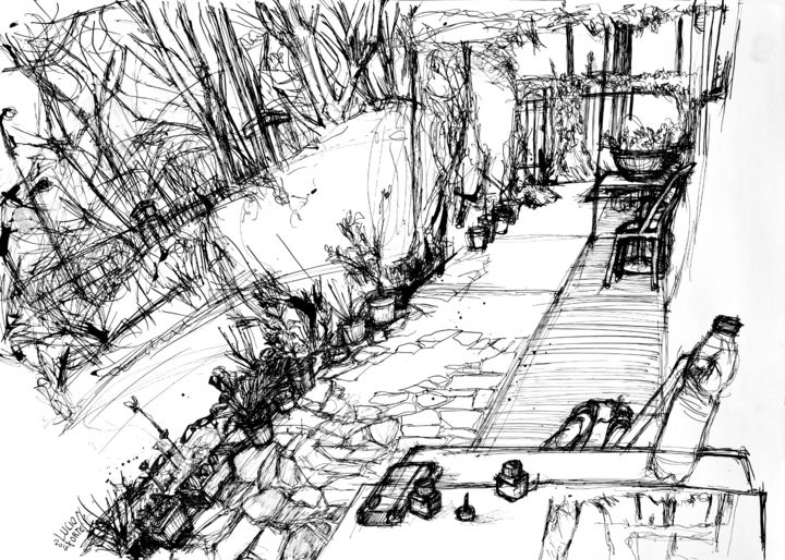 Disegno intitolato "Le Jardin de la Vil…" da Lucio Forte, Opera d'arte originale, Inchiostro