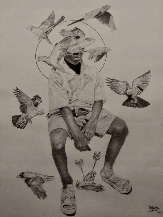 Drawing titled "Hunters; Angels and…" by Oryiman Agbaka (St Valentino de Augusto), Original Artwork, Ink