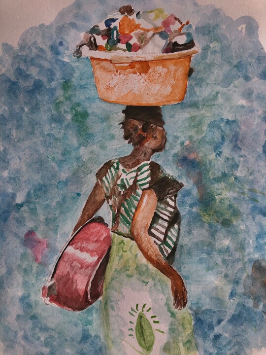 Painting titled "Le blanchisseur" by Oryiman Agbaka (St Valentino de Augusto), Original Artwork, Watercolor