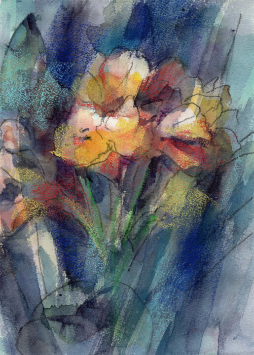 Pintura intitulada "Fleurs 005" por Osam Fukuda, Obras de arte originais, Aquarela
