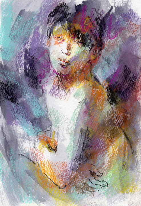 Painting titled "Nudesketch002" by Osam Fukuda, Original Artwork, Pastel