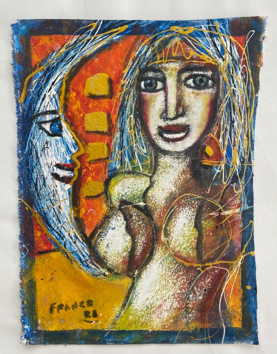 Schilderij getiteld "Azul y Oro" door Oscar Franco, Origineel Kunstwerk, Olie