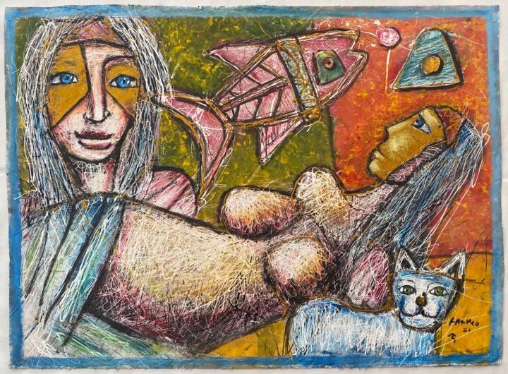 Schilderij getiteld "La Faraona y su Gata" door Oscar Franco, Origineel Kunstwerk, Olie