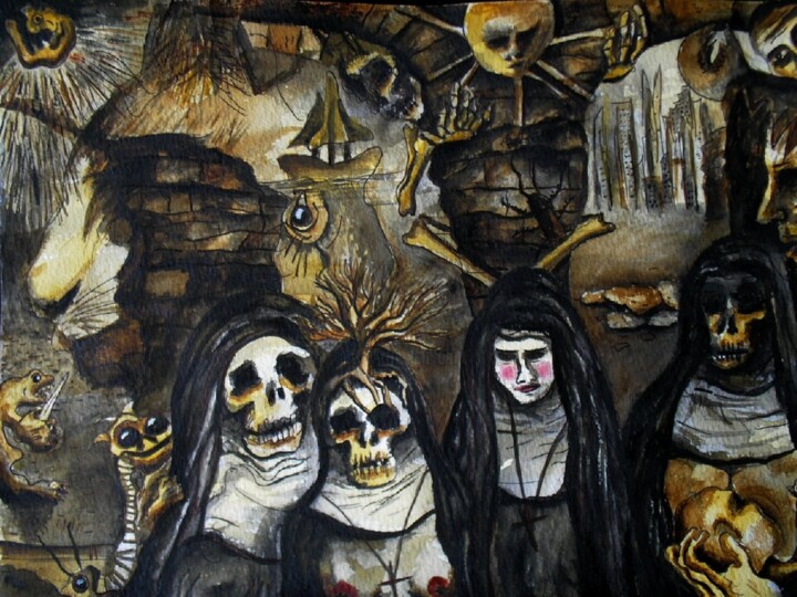 Painting titled "Apparition" by Oscar Olarte, Original Artwork, Watercolor Mounted on Cardboard