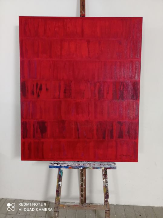 Painting titled "Il muro rosso" by Oscar Pevarello, Original Artwork, Oil Mounted on Wood Stretcher frame