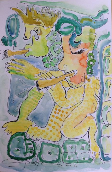 Pittura intitolato "image4-mitos mayas…" da Capeche, Opera d'arte originale, Acquarello