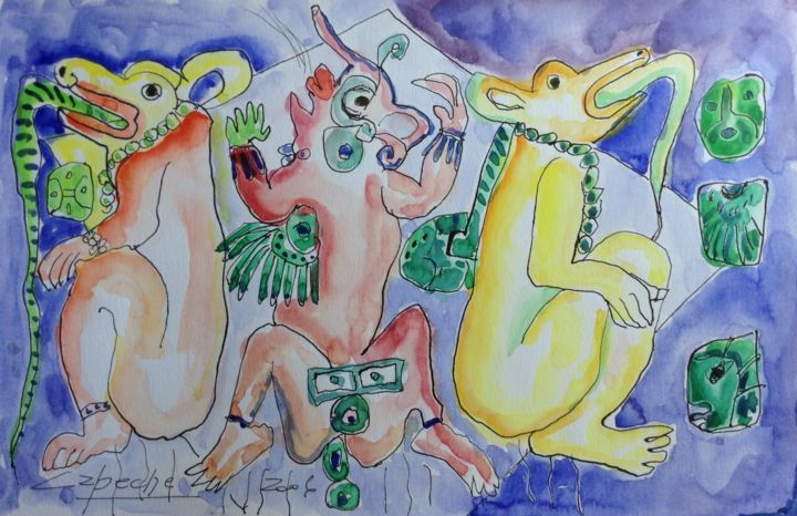 Painting titled "image13. mitos maya…" by Capeche, Original Artwork, Watercolor