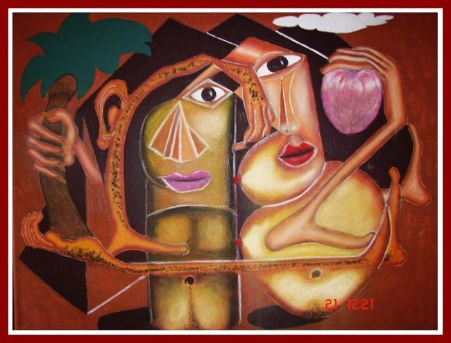 Painting titled "Adan y Eva en el pa…" by Seraphyn, El Viejo Latinoamericano, Original Artwork, Oil