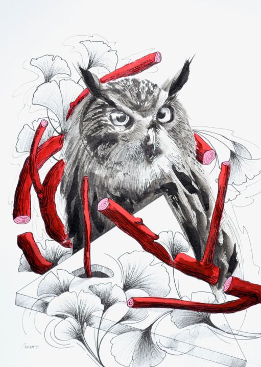 Schilderij getiteld "Hibou et Ginkgo Bil…" door Oscar Torres Perez, Origineel Kunstwerk, Inkt