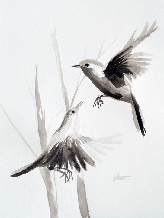 Peinture intitulée "Oiseaux / Sumi-e #a…" par Oscar Torres Perez, Œuvre d'art originale, Encre