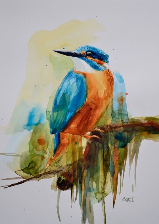 Malerei mit dem Titel "Martin Pêcheur II #…" von Oscar Torres Perez, Original-Kunstwerk, Aquarell