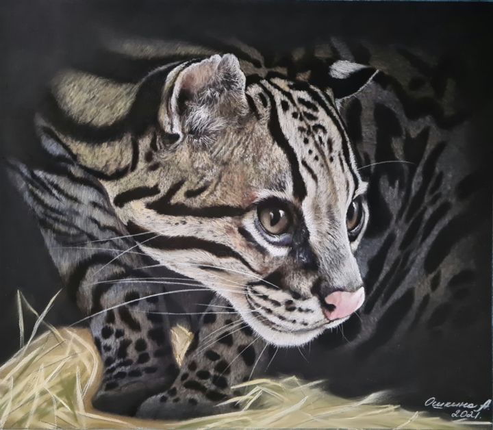 Ζωγραφική με τίτλο "Wild cat Ocelot" από Алёна Ошкина, Αυθεντικά έργα τέχνης, Παστέλ
