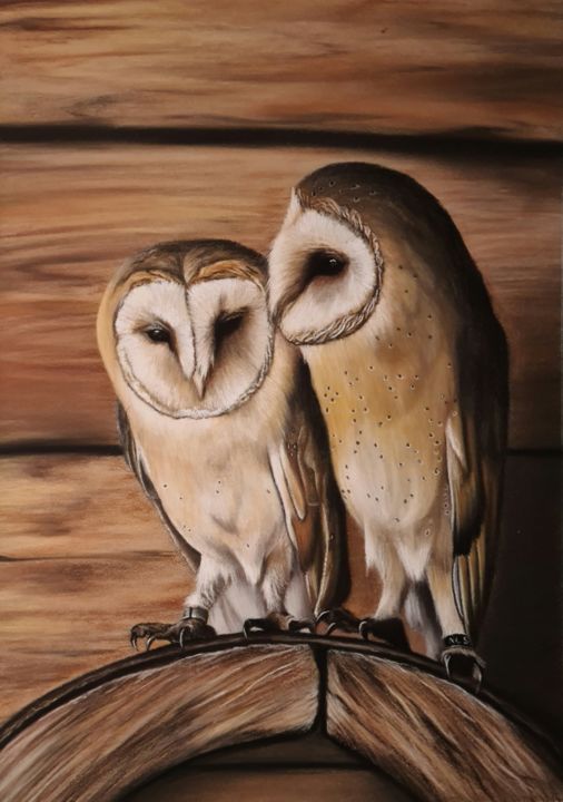 Painting titled "Owls" by Aliona Oshkina, Original Artwork, Pastel