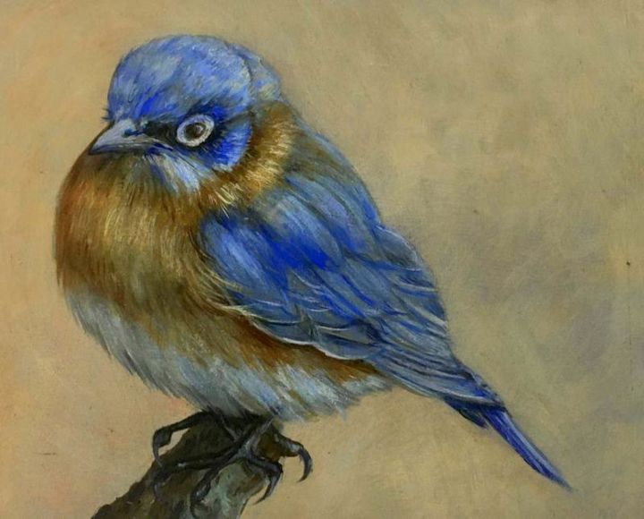 Schilderij getiteld "BLUE BIRD" door Oskar Bethencourt, Origineel Kunstwerk, Olie