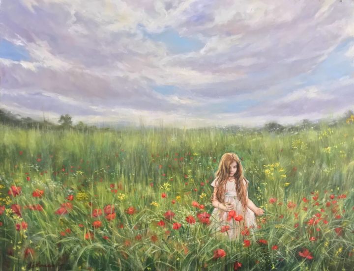 Painting titled "“Picking Flowers”" by Oskar Bethencourt, Original Artwork, Oil