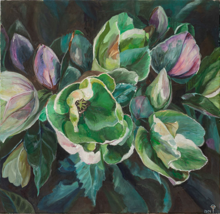 Painting titled "Green Nymphaea  con…" by Tatiana Oskina, Original Artwork, Oil