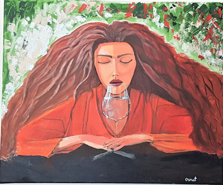 Painting titled "Woman and wine" by Osnat Saban, Original Artwork, Acrylic