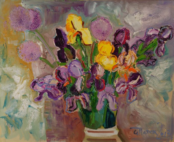 Painting titled "Stormy Irises" by Ostap Patyk, Original Artwork, Oil