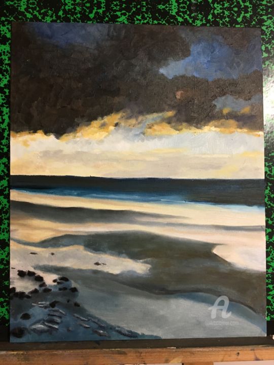 Painting titled "Plage sous ciel obs…" by Isa Vera, Original Artwork, Oil