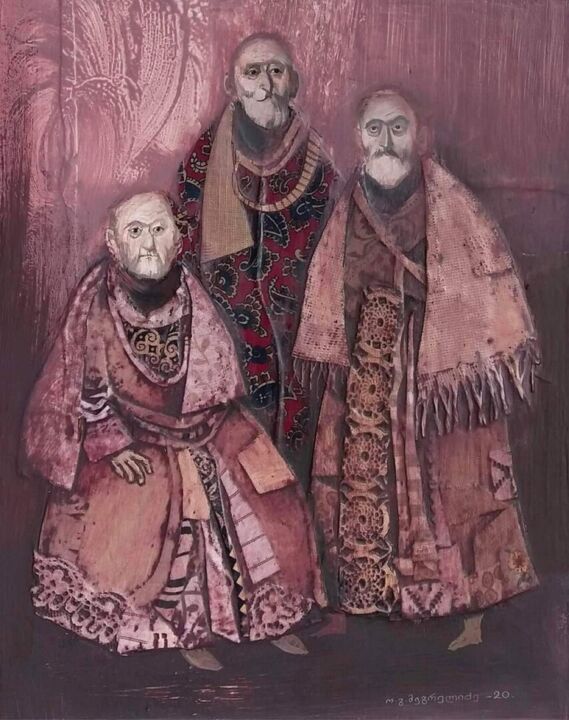 Painting titled "Three Generations" by Otar Megrelishvili, Original Artwork, Gouache Mounted on Cardboard