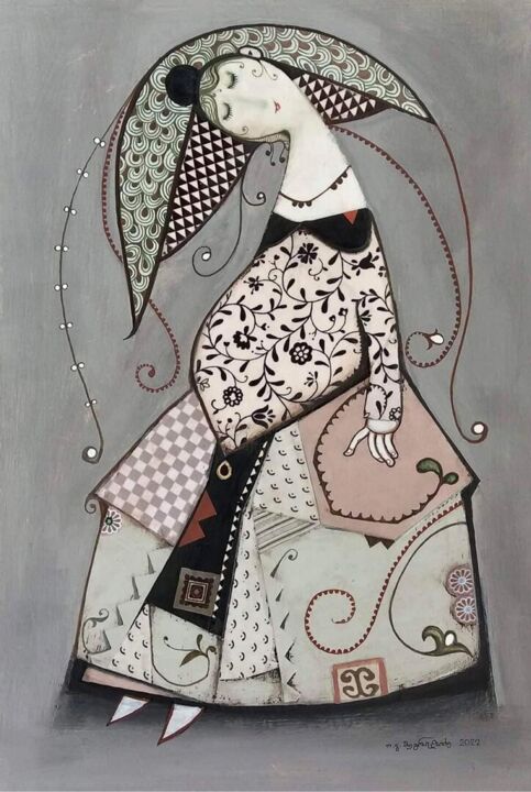 Painting titled "Renesaince Woman" by Otar Megrelishvili, Original Artwork, Gouache Mounted on Cardboard