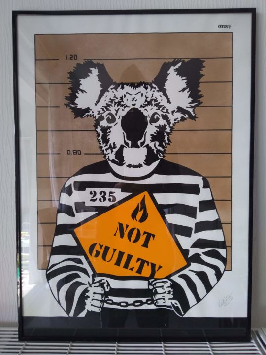 Peinture intitulée "Koala not guilty fo…" par Otist, Œuvre d'art originale, Bombe aérosol Monté sur Panneau de bois