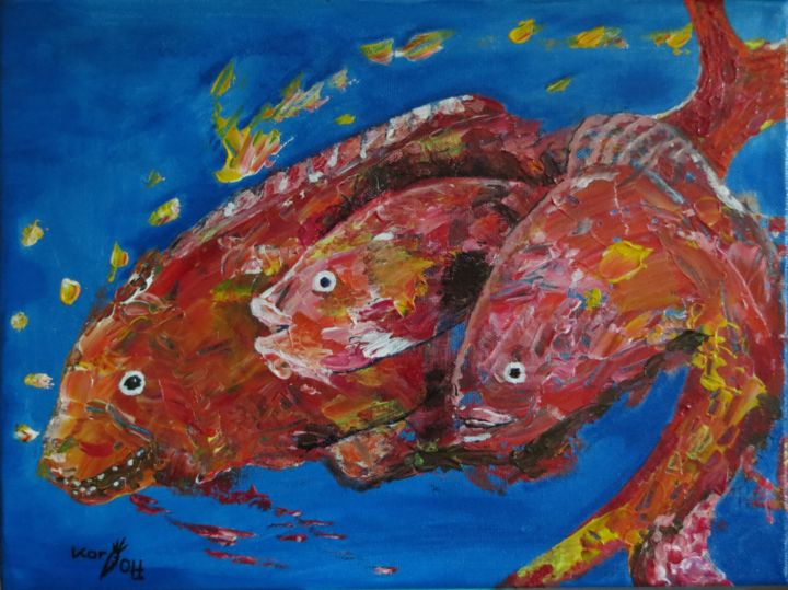 "Fischfamilie" başlıklı Tablo Karin Ott-Hofmann (KarOtt) tarafından, Orijinal sanat, Akrilik