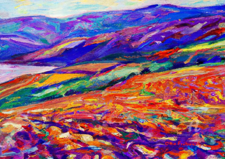 Digitale Kunst mit dem Titel "Colourful Mountain…" von Otto Frühwach, Original-Kunstwerk, Digitale Malerei Auf Keilrahmen au…