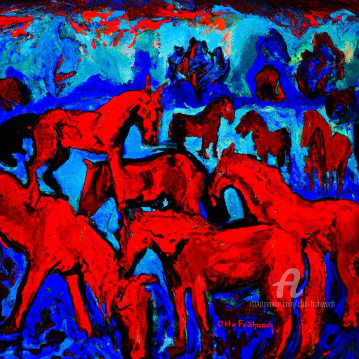 Arts numériques intitulée "Rote Pferde - Red H…" par Otto Frühwach, Œuvre d'art originale, Peinture numérique Monté sur Châs…