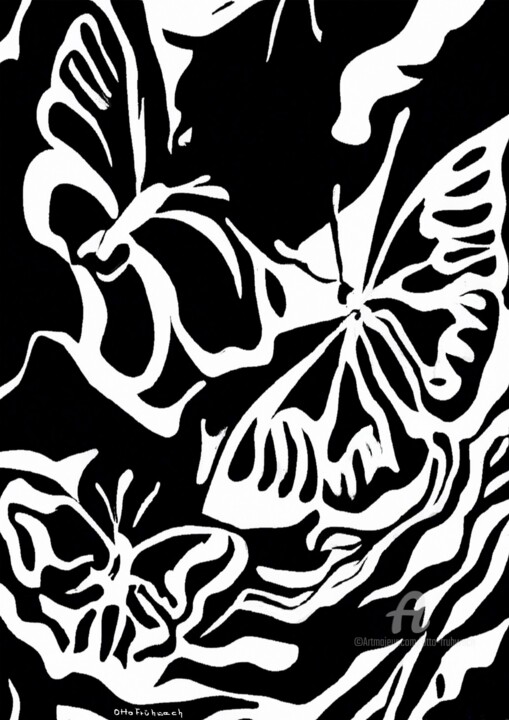 Printmaking titled "Butterflies by Nigh…" by Otto Frühwach, Original Artwork, Xylography