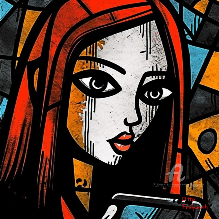 Digital Arts titled "Girl with Smartphon…" by Otto Frühwach, Original Artwork, Digital Print Mounted on Aluminium