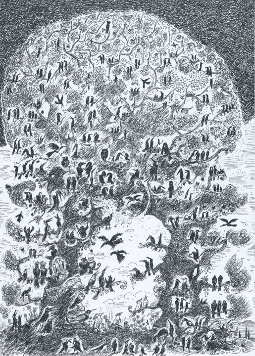 Dessin intitulée "L'arbre aux oiseaux" par Jmdamien, Œuvre d'art originale, Encre