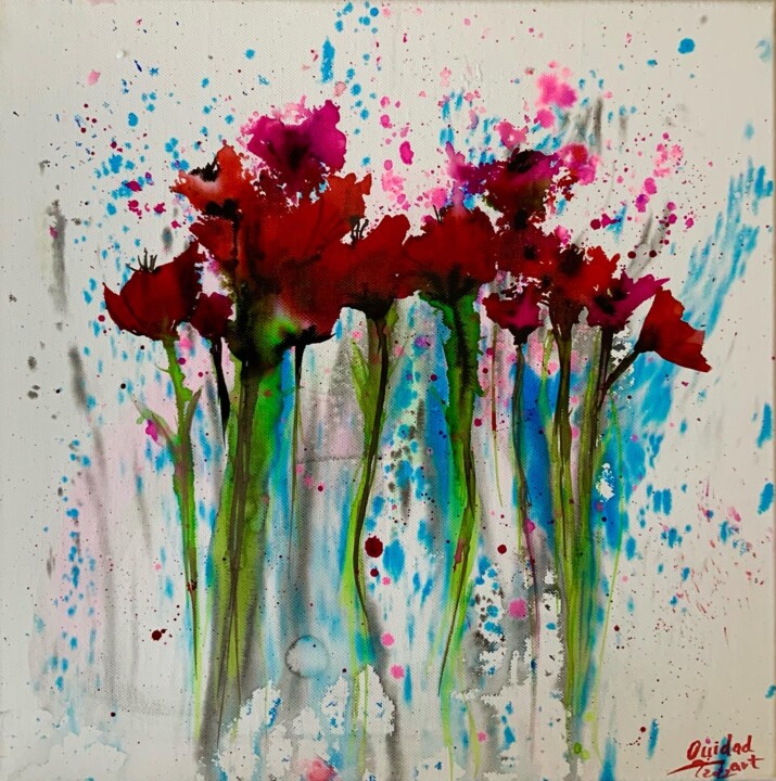 Painting titled "Red flowers" by Ouidad Chahdi, Original Artwork, Watercolor Mounted on Wood Stretcher frame