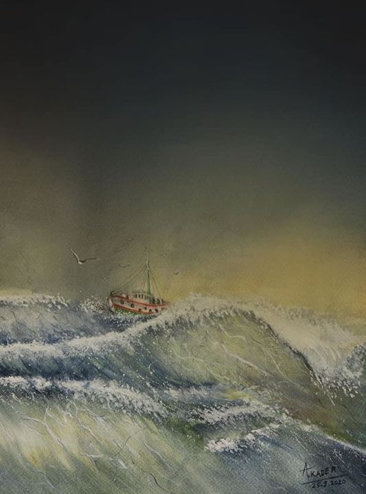 Painting titled "Un bateau remorqueu…" by Oussama Asri, Original Artwork, Watercolor
