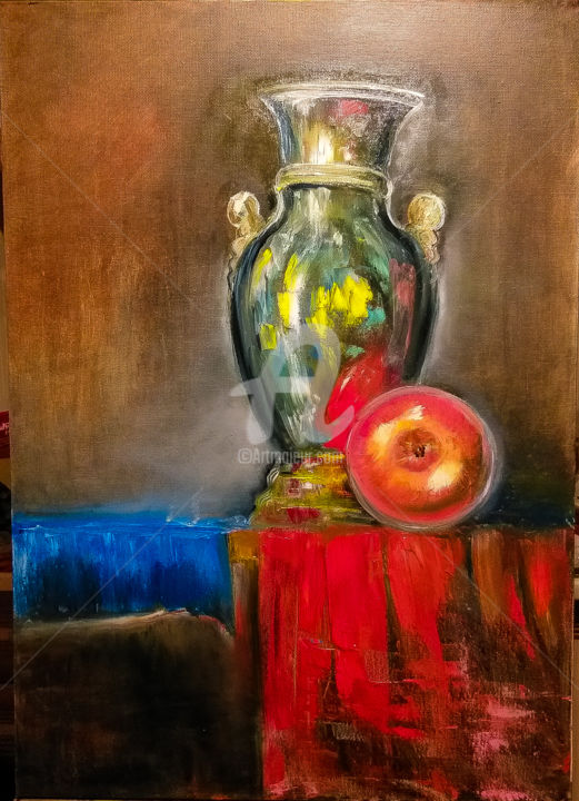 Painting titled "Still life with an…" by Khelga Linn, Original Artwork, Oil Mounted on Wood Stretcher frame