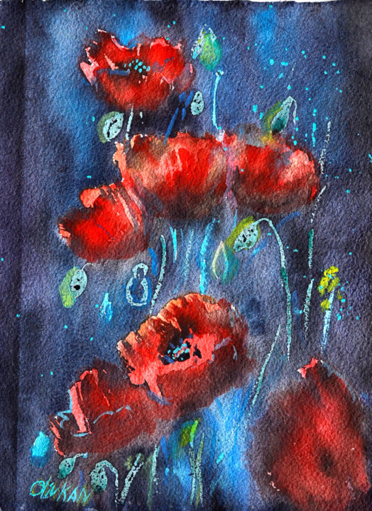 Peinture intitulée "Poppy Red Original…" par Olivkan Art, Œuvre d'art originale, Aquarelle