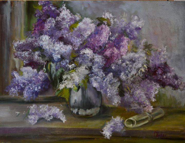 Painting titled "Lilac Oil Painting…" by Olivkan Art, Original Artwork, Oil Mounted on Wood Stretcher frame